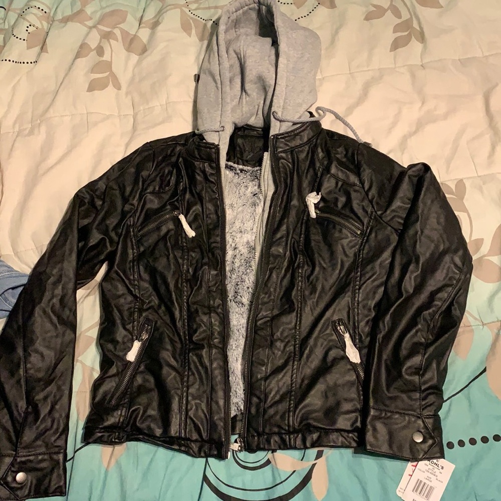 Black leather jacket, Sherpa lined. Hood is detachable. Brand new